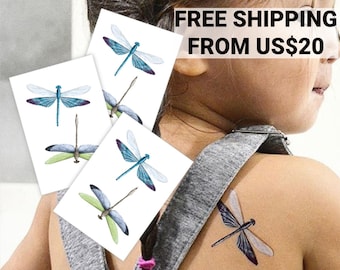 Dragonfly temporary tattoo set. Hand painted watercolor body stickers. Kids friendly, birthday party favors, gift for dragonflies lovers.