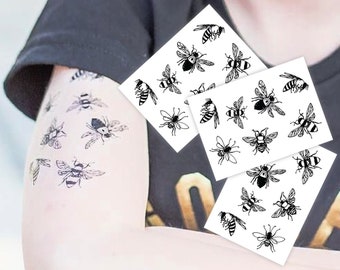 Bees Temporary Tattoo Transfers. Set of 3 Sheets With 21 Black Honey Bees Body Stickers! Honey Bee Party Favors, Bumble Bee, Beekeeper Gifts