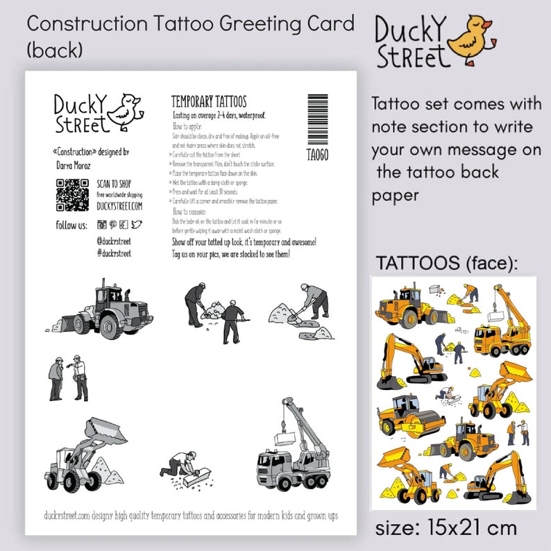 Construction party temporary tattoo transfers. Crane, builder, excavator, bulldozer vehicles body stickers for kids.