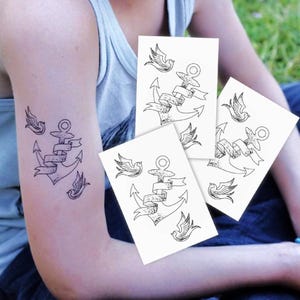Anchor with Ribbon and Swallows Temporary Tattoo Set. Classic Sailor Design. Kids Birthday Pirate Party Favors. Vintage Style Body Stickers