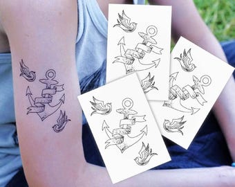 Anchor with Ribbon and Swallows Temporary Tattoo Set. Classic Sailor Design. Kids Birthday Pirate Party Favors. Vintage Style Body Stickers