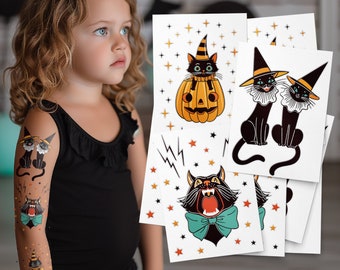 Tatuajes temporales vintage de gatos negros para Halloween. Regalos para pedir dulces (sin dulces).