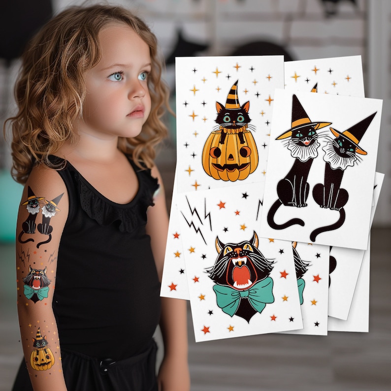 Girl Wearing Black Cats Vintage Halloween Temporary Tattoos. Trick-or-Treating Non-Candy Gifts.
