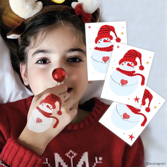 Snowman temporary tattoo transfers. Set of 3 Christmas snowman with heart body stickers. Creative and funny Xmas stocking stuffers for kids. Il_570xn