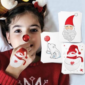 Christmas Temporary Tattoo Transfers of Santa Claus, Polar Bear Cub, Snowman. Xmas Stocking Stuffers. Kids Body Stickers.