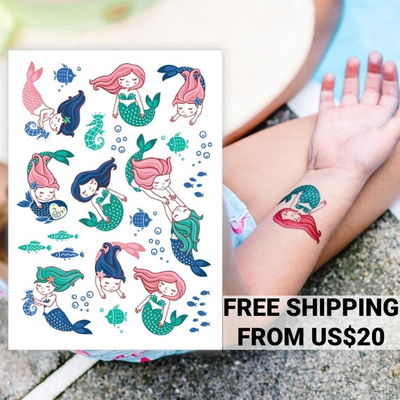 Mermaids party temporary tattoo transfers. Under the sea party supplies, party favors, birthday gifts. Nautical kids body stickers. Il_570xn