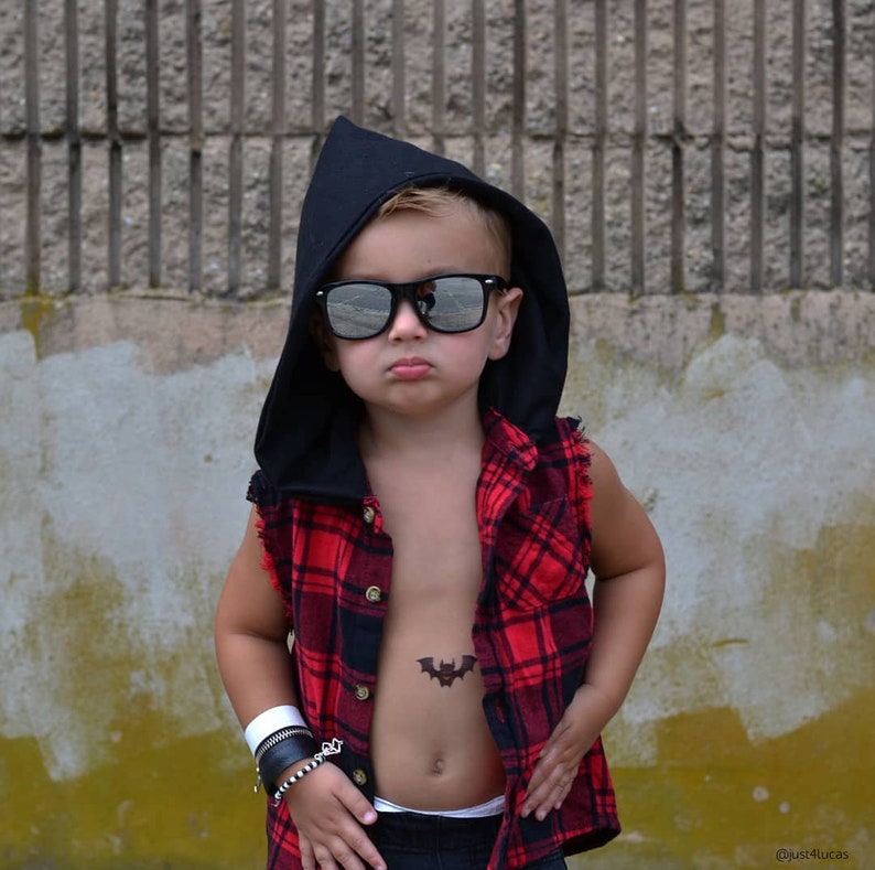 Boy Wearing Halloween Vampire Bats Temporary Tattoos. No Candy Trick or Treat Favor. Spooky Party Favors. Kids Body Stickers