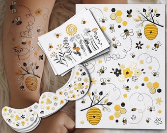 Honey Bee Hive Temporary Tattoo Transfers. Naklejki na ciało Bees And Flowers dla dzieci. Tatuaże piegów. Prezent dla pszczelarza. Upominki na przyjęcie Honey Bee