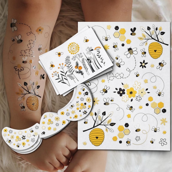 Honey Bee Hive Temporary Tattoo Transfers. Bees And Flowers Body Stickers For Kids. Freckle Tattoos. Bee Keeper Gift. Honey Bee Party Favors