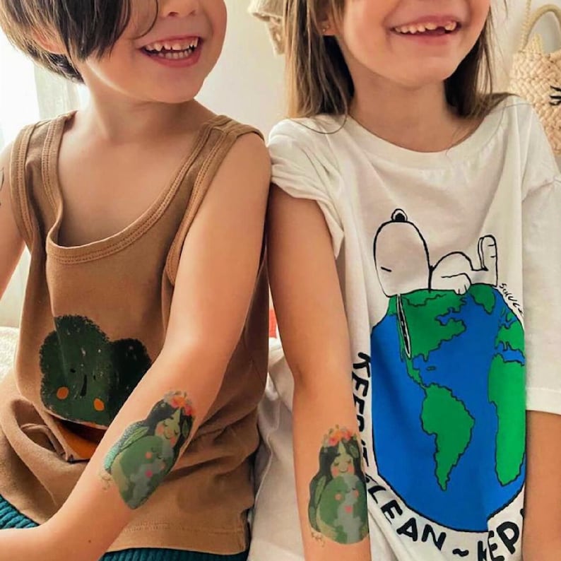 Boys Wearing Mother Earth Temporary Tattoo Transfers. Set of 3 Body Stickers. Earth Day Party Fake Tattoos To Promote Harmony With Nature.