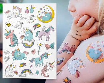 Unicorn Party Temporary Tattoo Transfers. Magic Rainbow Unicorns Birthday Party Favors.