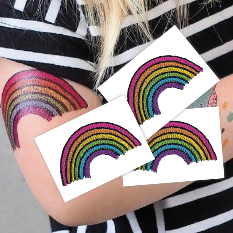 Brightly Colored Stitched Rainbow temporary tattoo transfers Kids birthday party favors Set of 3 body stickers Looks like hand embroidery