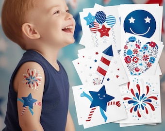 4th of July themed temporary tattoos. USA patriotic style party favors. Independence Day spirit