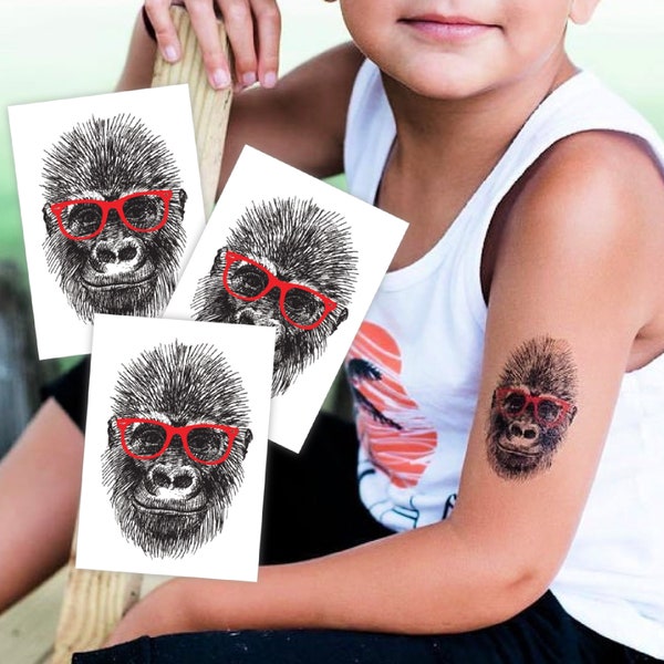 Gorilla Hipster Temporary Tattoo Set of 3 Transfers. Black-White Gorilla With Red Glasses Body Stickers. Kids Birthday Animals Party Favors.