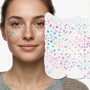 Iridescent freckle tattoos, pixie dust holographic face patches.