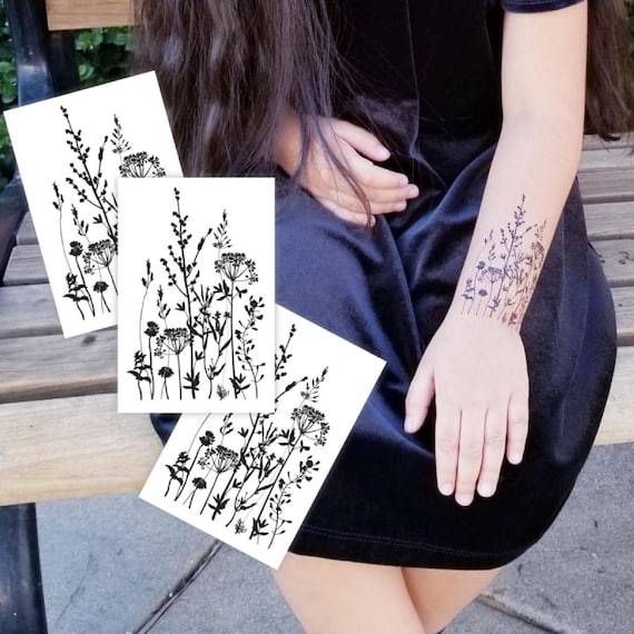 Wild Herbs Temporary Tattoo Transfers. Classic Black Ink Flowers Set of 3 Body Stickers. Floral Party Favors, Flower Party Supply, Gifts.