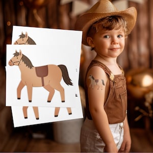Set di 3 tatuaggi temporanei a tema pony. Bomboniere per feste di equitazione, rodeo, derby e cowboy. Articoli per feste. Adesivi per il corpo, regali per bambini.