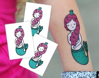 Little Mermaid Temporary Tattoo Transfers. Set of 3 Kids Body Stickers for Mermaid Style Birthday and Under The Sea Party Favors.