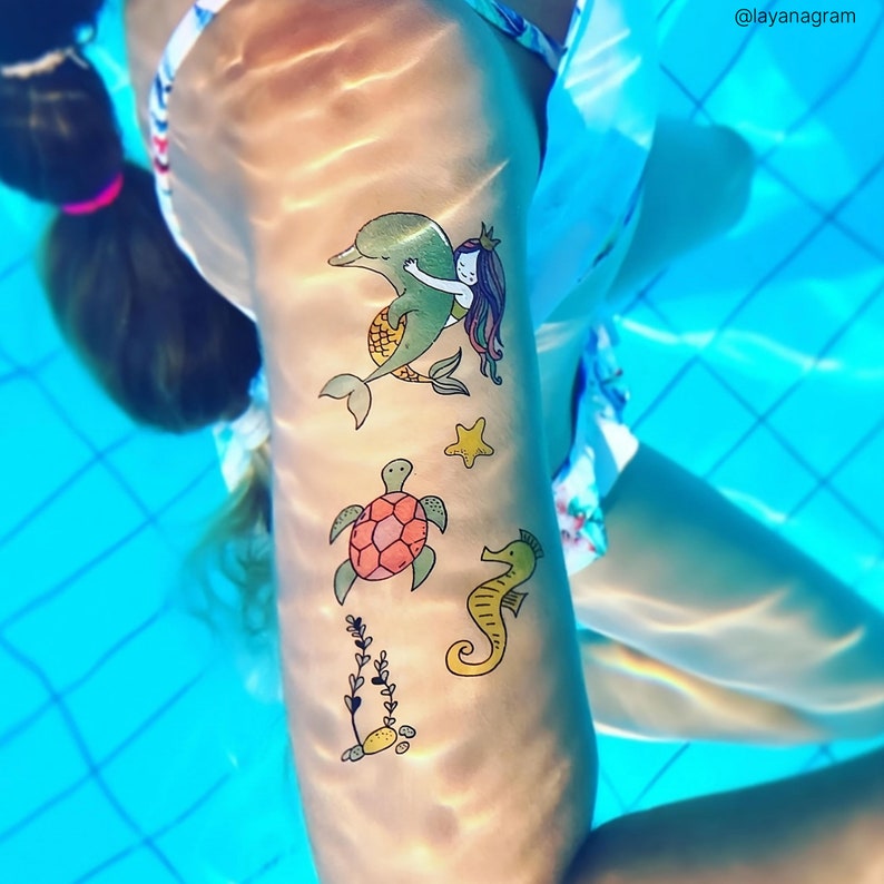 Girl Wearing Mermaid Party Temporary Tattoo Transfers For Kids. Under The Sea Themed Body Stickers. Birthday Party Favors.