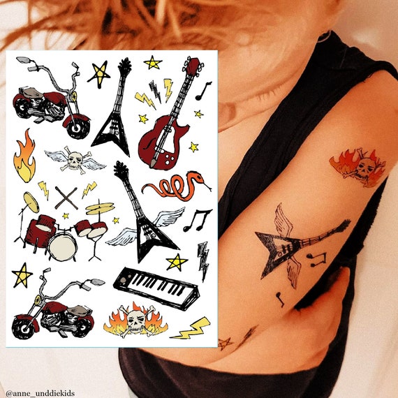 Rock and Roll Party Temporary Tattoo Transfers. Rockstar Costume Body  Stickers for Kids: Guitars, Motor Bikes, Drums. Rock Party Favors. 