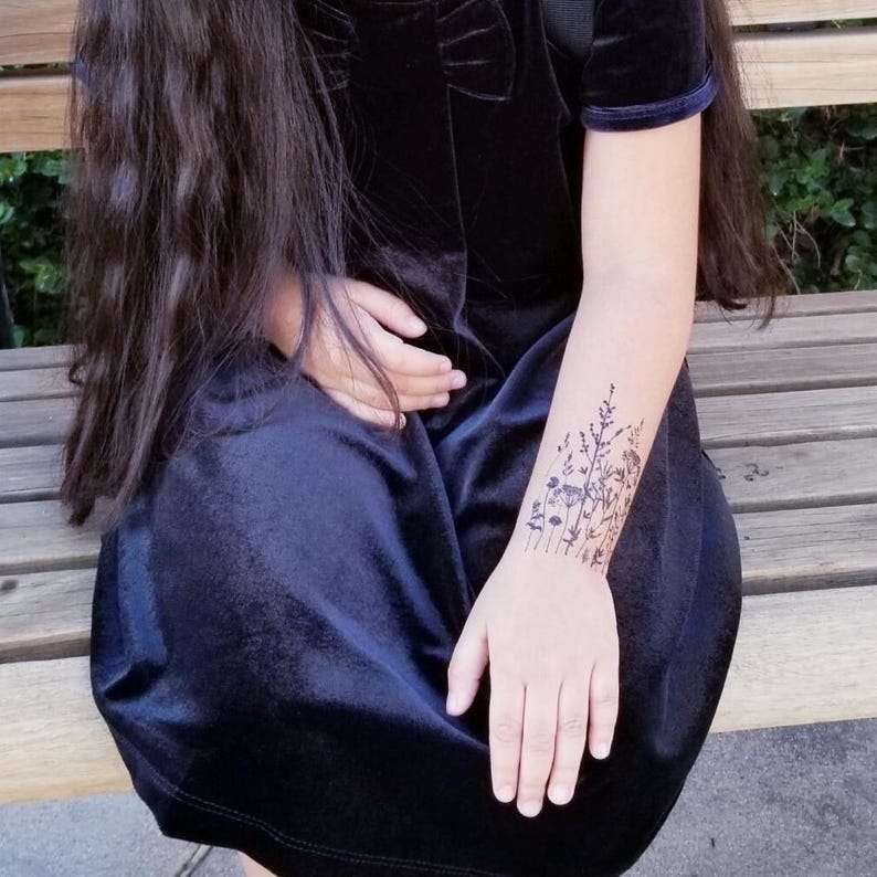 Wild Herbs Temporary Tattoo Transfers. Classic Black Ink Flowers Set of 3 Body Stickers. Floral Party Favors, Flower Party Supply, Gifts.