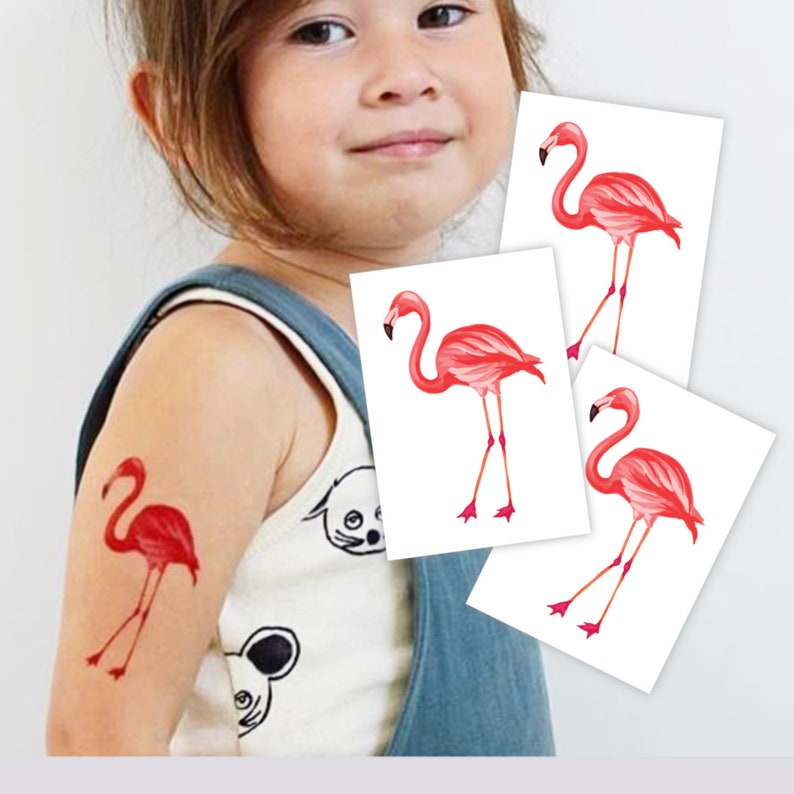 Set of 3 temporary tattoos Pink flamingo. Hawaiian luau party image 0