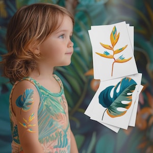 Tropical Nature Floral Temporary Tattoos. SolarPunk Monstera Leaf and Heliconia Flower Botanical Fake Tattoos.
