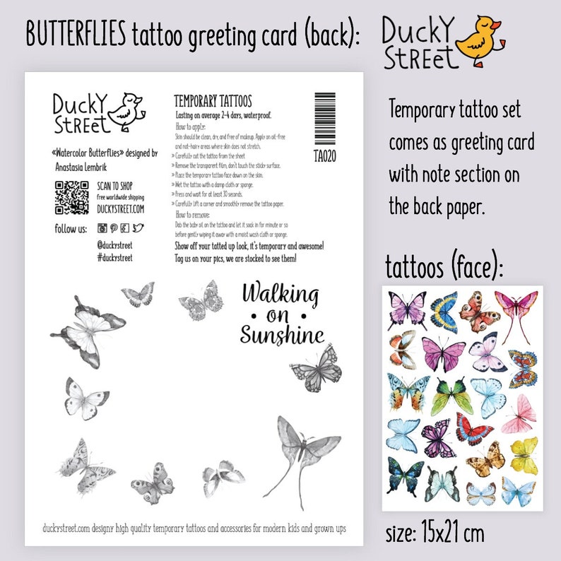 Butterflies temporary tattoo transfers. Big set of 21 watercolor butterfly body stickers for kids.