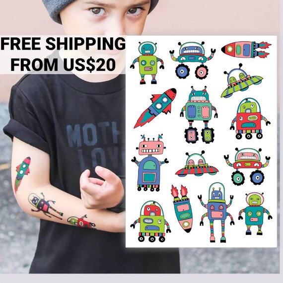 Robots party temporary tattoo transfers. Out of space kid's birthday favors, aliens UFO and spaceships body stickers. Cosmos party theme! Il_570xn