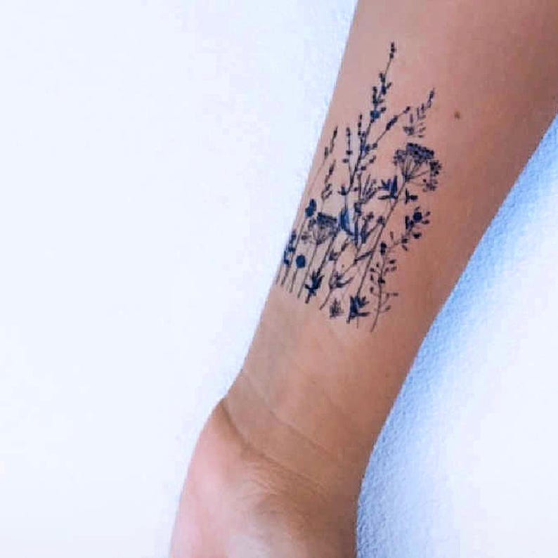 Wild Herbs Temporary Tattoo Transfers. Classic Black Ink Flowers Set of 3 Body Stickers. Floral Party Favors, Flower Party Supply, Gifts.