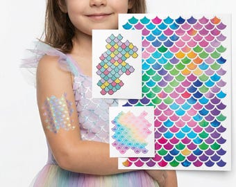 Mermaid Scales Temporary Tattoos. Mermaid MakeUp and Siren BodyArt for Under The Sea Birthday Party Look.