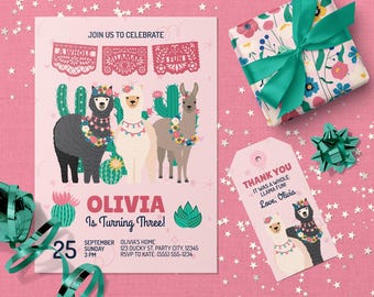 Pacchetto invito e festa di compleanno Llama Fiesta: tema cactus rosa (download digitale modificabile)