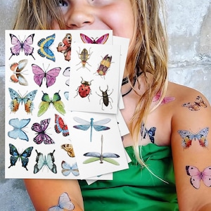 Bugs Party Temporary Tattoos. Watercolor Insects Tattoo Stickers: Butterflies, Beetles, Dragonflies. Birthday Party Fafors, Gifts for Kids