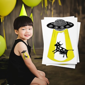 UFO Cow Abduction Temporary Tattoos: Space Party Favors (Set of 3)