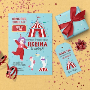 Circus Birthday Invitation with Clown Girl. Editable Funfair Carnival Party Printables Bundle.