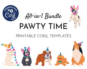 Pack anniversaire chiot Let's Pawty Time Dog, gros lot de modèles Corjl imprimables modifiables personnalisés pour la fête.