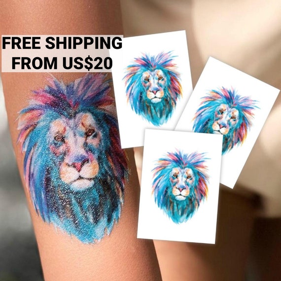 Lion temporary tattoo set of 3 transfers. Colorful king of animals kid's body stickers. Jungle party favors, animals kids birthday supplies. Il_570xn