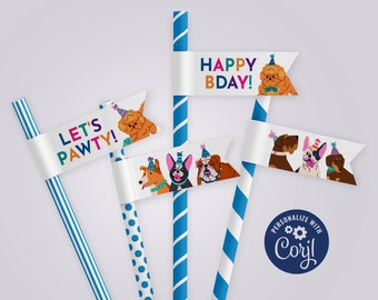 Drapeaux de paille pour l'anniversaire de Let's Pawty Time sur le thème des chiens