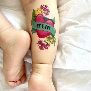 Mom Heart Tattoo. Mother's Day Set of 3 Temporary Tattoo Transfers of Heart And Flowers. Kids Body Stickers. Party Favors. Gifts for Moms.