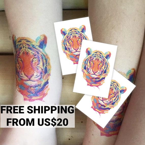 Set of 3 temporary tattoo transfers Tiger. Watercolor design with abstrast jungle animal. Jungle party favors, tiger party body stickers. Il_570xn