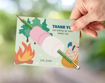 Camping Pencil Tag. Camp Birthday Party Thank you Favor Card.