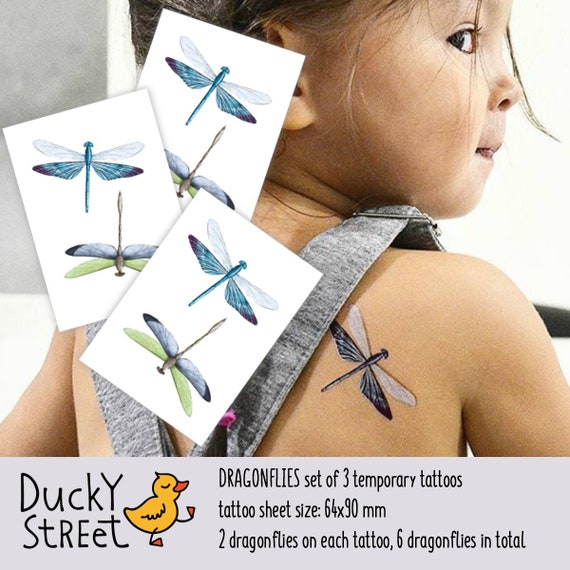 Set of 3 temporary tattoo Dragonflies. Hand painted watercolor