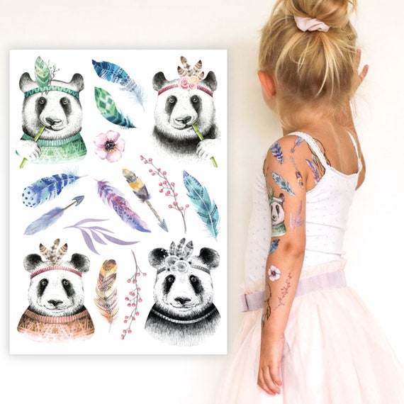 Tatouages Temporaires De Panda De Boho Pandas Daquarelle Avec Des Plumes De Boho Des Flèches Et Des Fleurs Faux Tatouages Accessoires Boho Chics