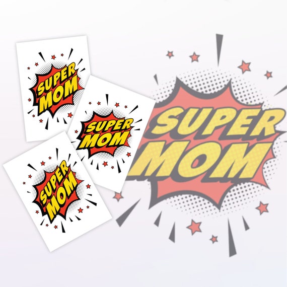 Super Mom Comic Style Temporary Tattoo Transfers. Set of 3