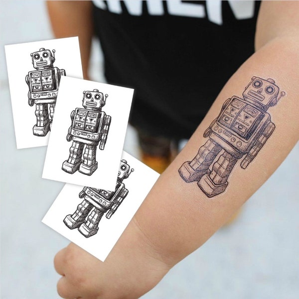 Robot Party Temporary Tattoo Transfers. Set of 3 Retro Vintage Robot Kid's Body Stickers. Robots Birthday Party Favors, Hipster Party Gift.
