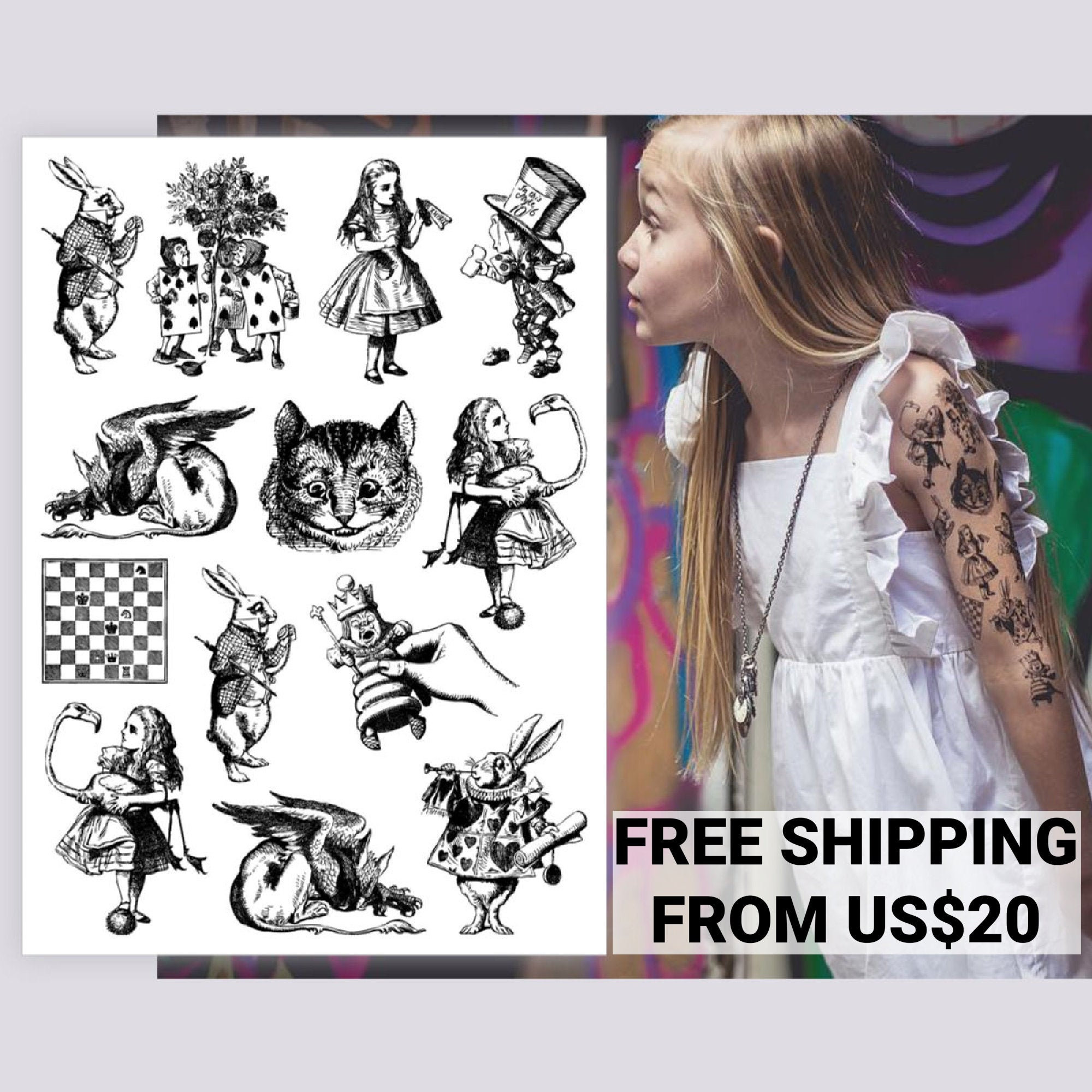 Alice Adventures in Wonderland book illustrations temporary tattoo tr…