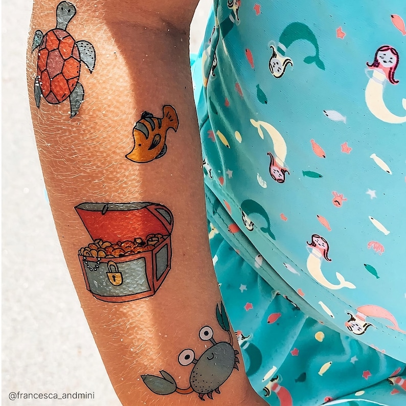 Girl Wearing Mermaid Party Temporary Tattoo Transfers For Kids. Under The Sea Themed Body Stickers. Birthday Party Favors.