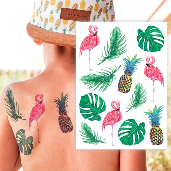 Luau party temporary tattoos. Hawaiian party favors: tropical tattoos with pineapple, pink flamingo, monstera, palm. Flamingo birthday gift. Il_570xn