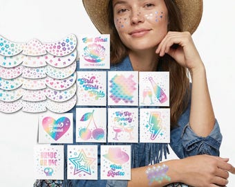 Tatuajes temporales de vaquera costera. Decoración iridiscente para piel de soltera playera del oeste.