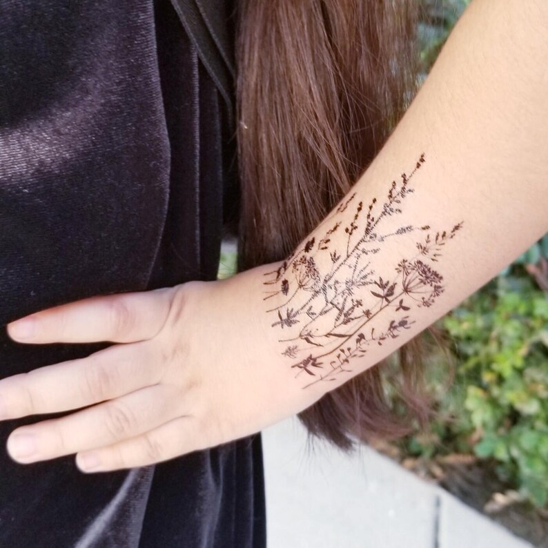 Wild Herbs Temporary Tattoo Transfers. Classic Black Ink Flowers Set of 3 Body Stickers. Floral Party Favors, Flower Party Supply, Gifts.